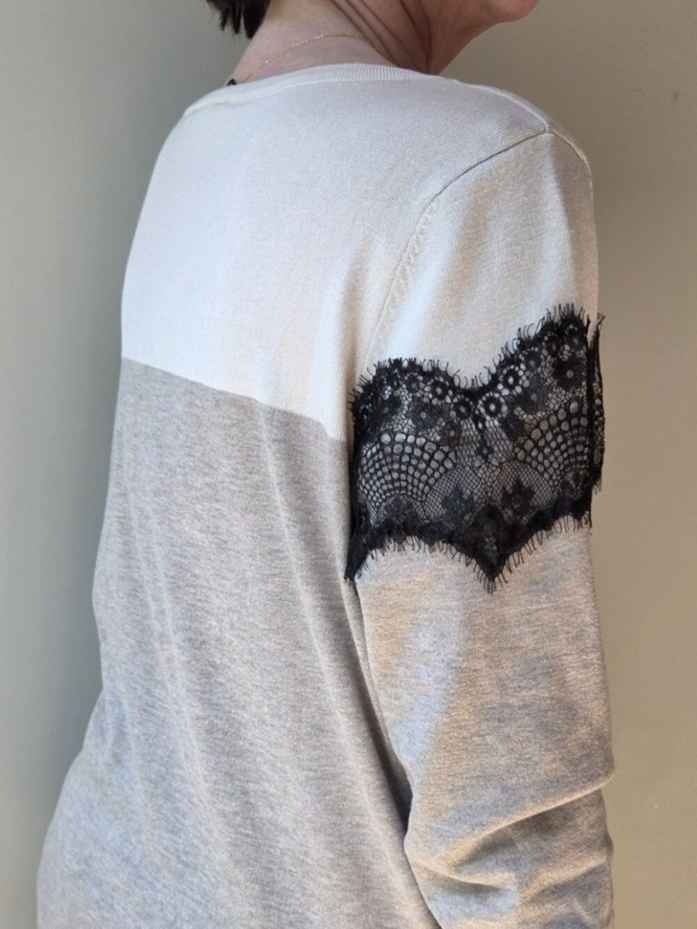 Lane Bryant Gray & Beige Color Block Sweater with Black Lace Detail 18/20 - Picture 7 of 10